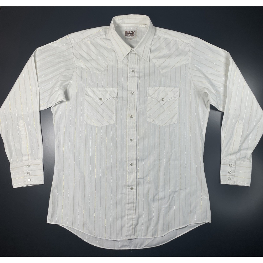 Ely Cattleman Western Pearl Snap Button Up Long Sleeve Shirt Size L Gold Stitch